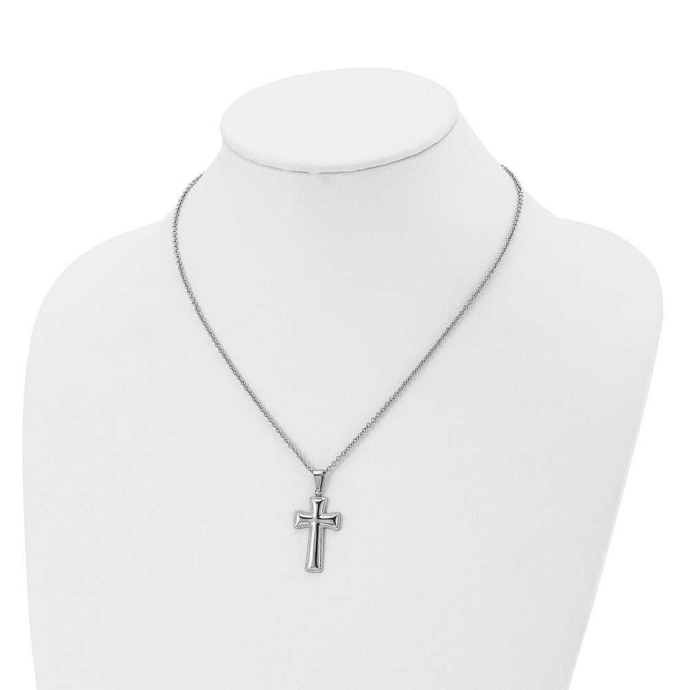 Stainless Steel Polished Medium Pillow Cross 18in Necklace
