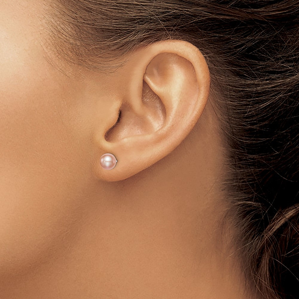 Sterling Silver Rhodium-plated 6-7mm Pink Round Freshwater Cultured Pearl Post Earrings