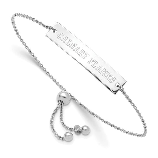Sterling Silver Rhodium-plated NHL LogoArt Calgary Flames Small Bar Adjustable 9 inch Bracelet