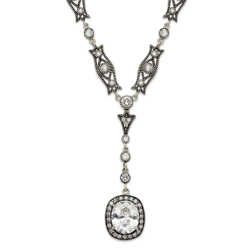 Sterling Silver Rhod-pl Antiqued White Cz Oval Necklace
