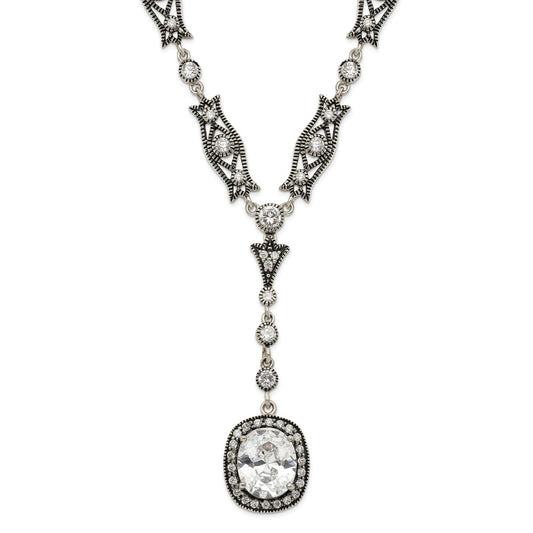 Sterling Silver Rhod-pl Antiqued White Cz Oval Necklace