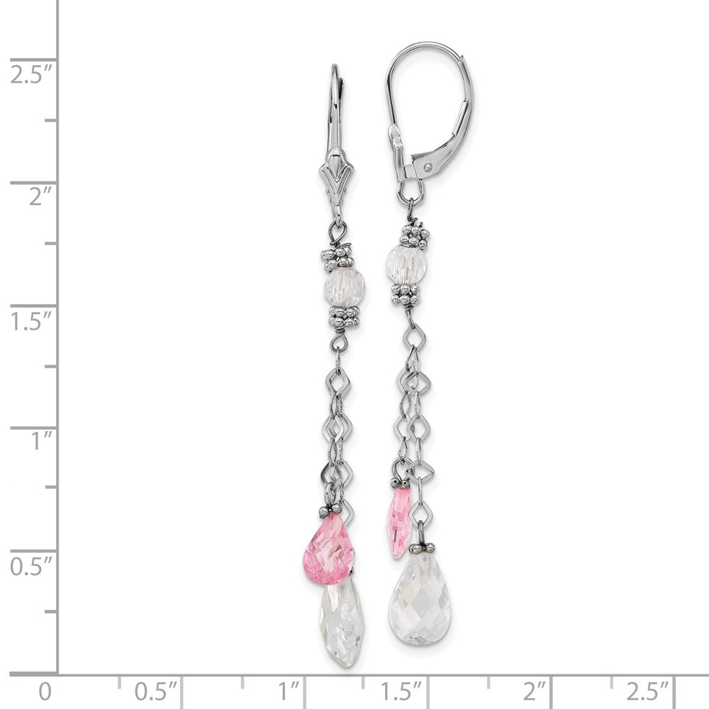 14k White Gold Polished Pink & Clear Teardrop Leverback Dangle Earrings