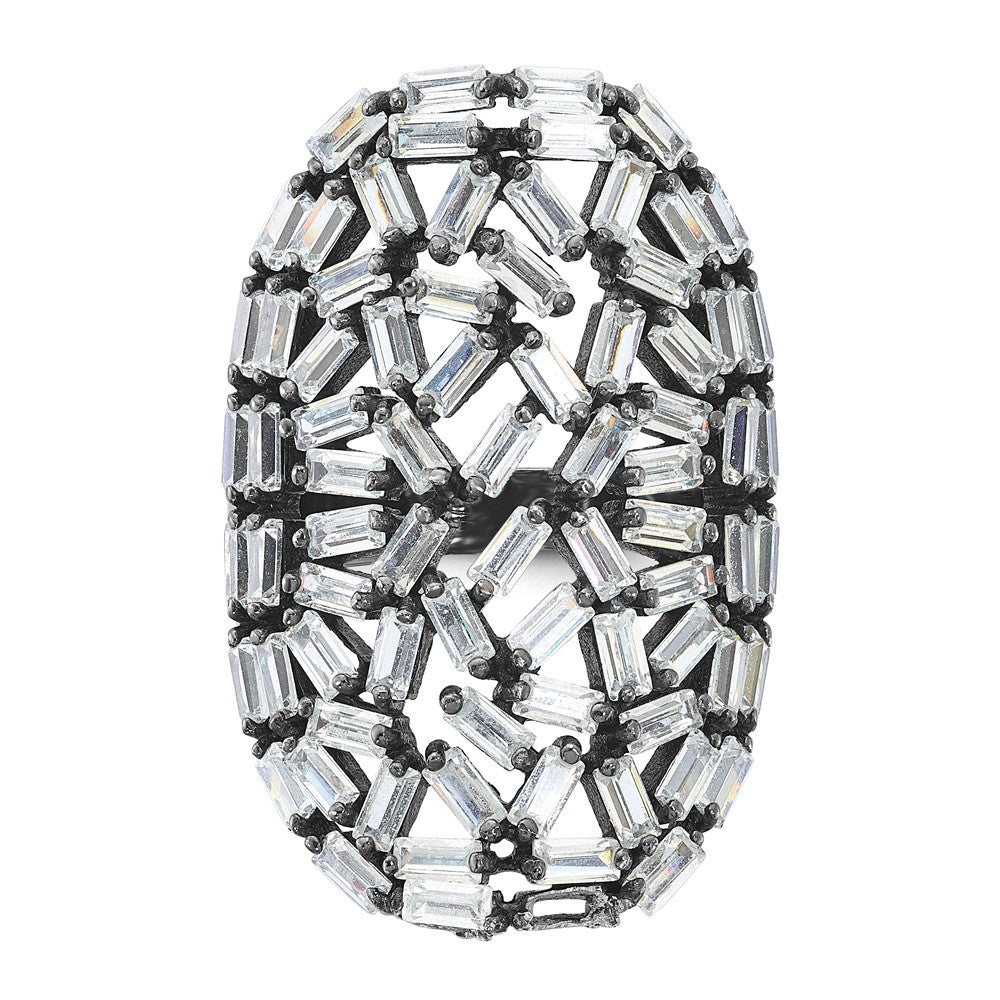 Sterling Silver & Black Ruthenium Oval Baguette Crystal Size 9 Ring