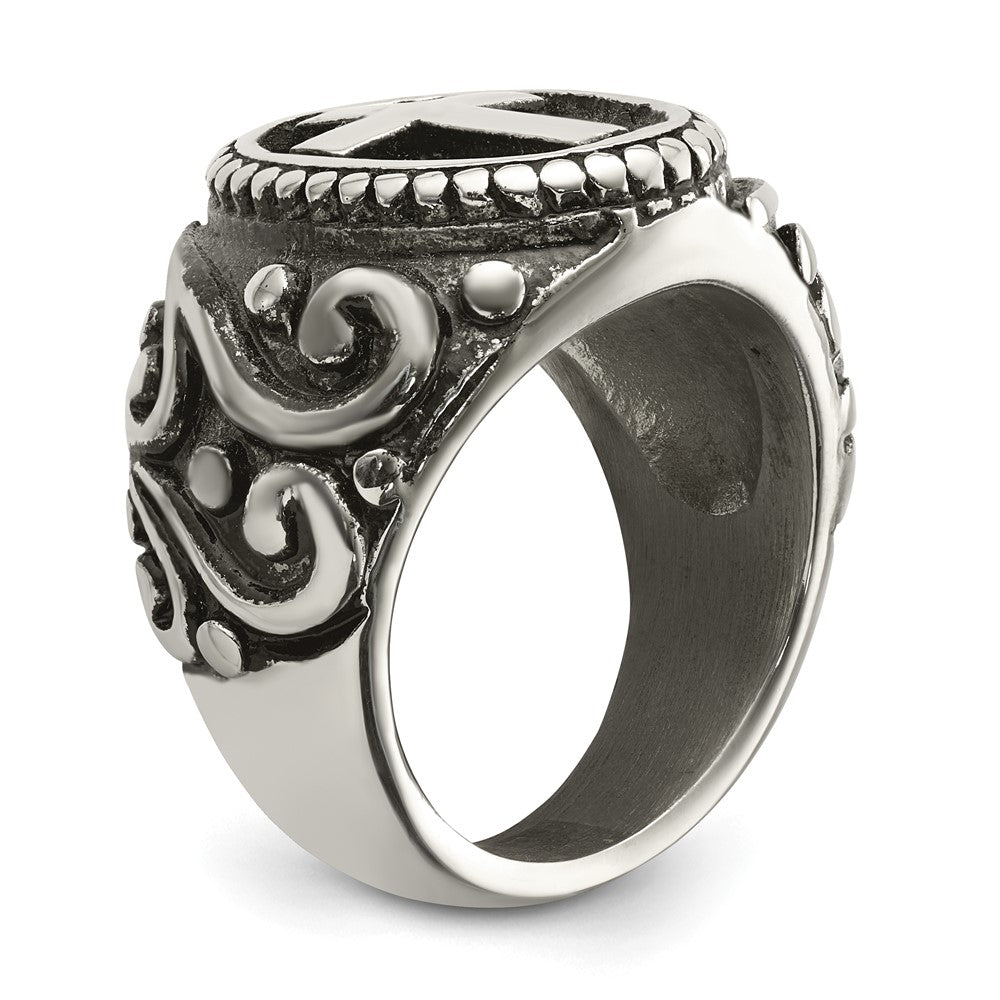 Stainless Steel Antiqued and Polished Cross Ring Size - 10