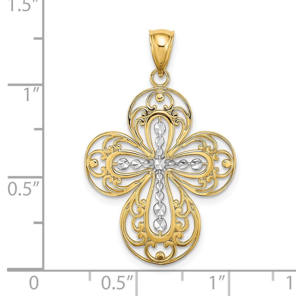 14K W/ Rhodium D/C and Cut Out Filigree Cross Charm