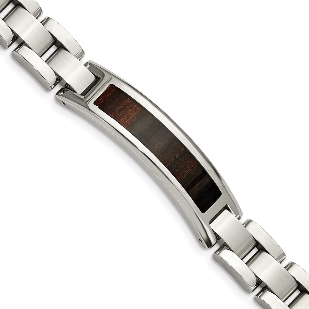 Stainless Steel Polished Enameled Black Koa Wood 8.5in Bracelet 8.5 inches