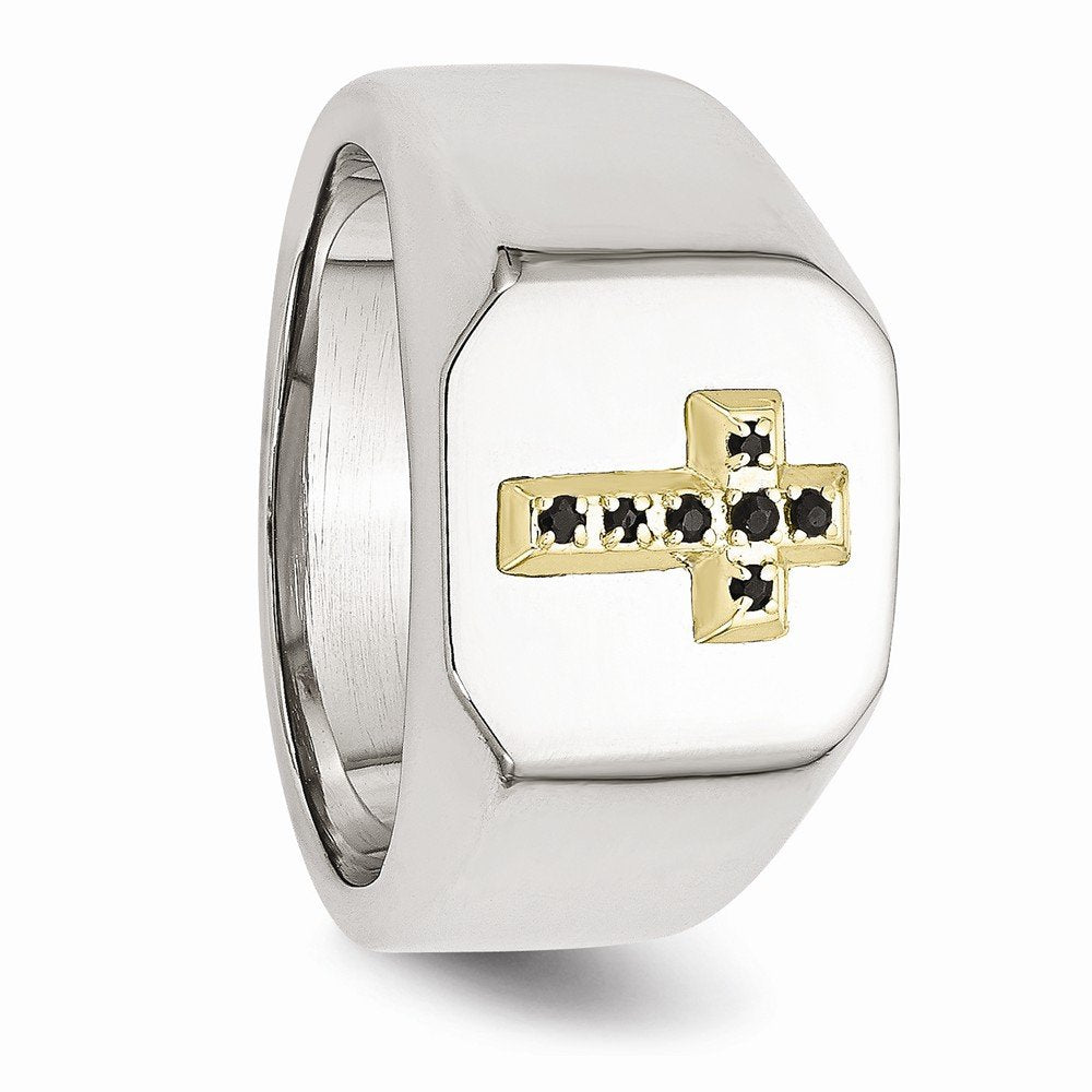 Stainless Steel Polished w/14k Accent 1/15ct Sapphire Cross Signet Ring Size - 11