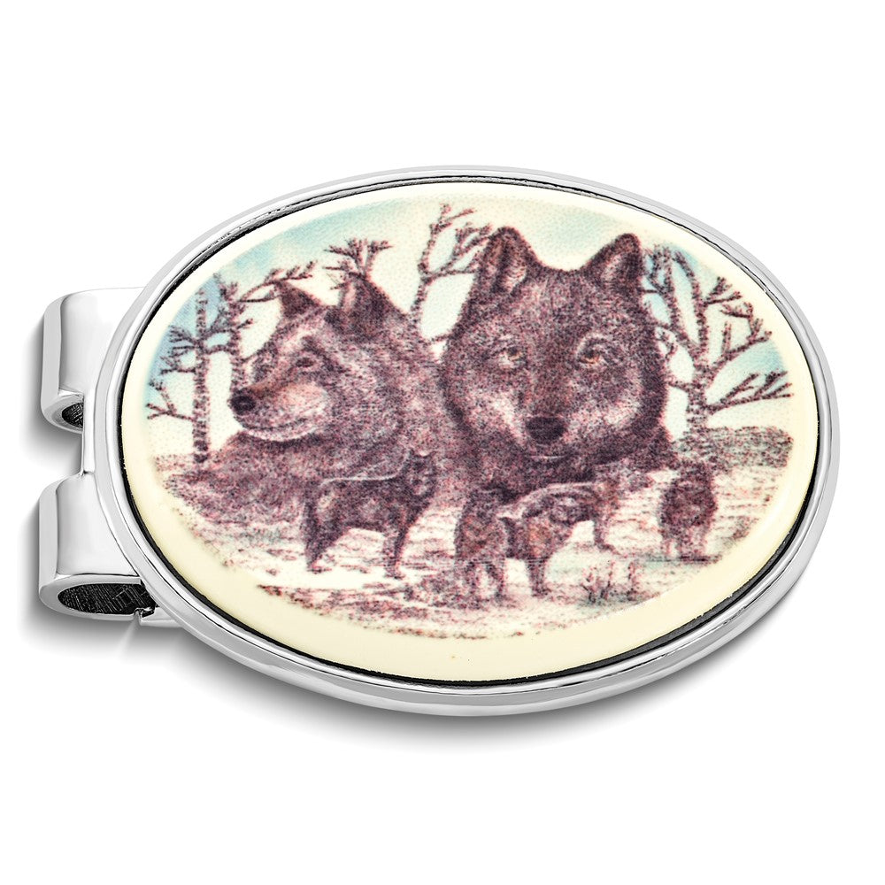 Barlow Designs Color Wolf Portrait Oval Money Clip