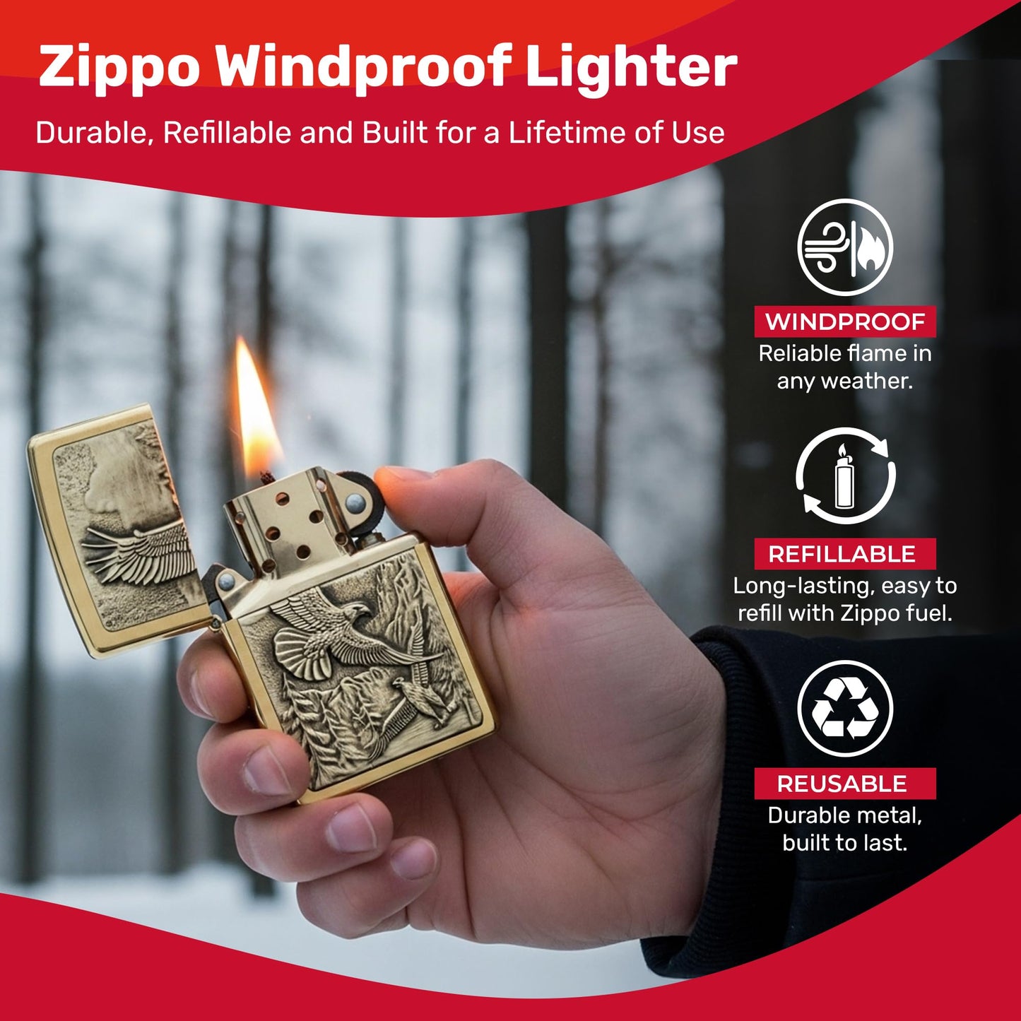 Zippo Brushed Brass Where the Eagle Dare Emblem Pocket Lighter