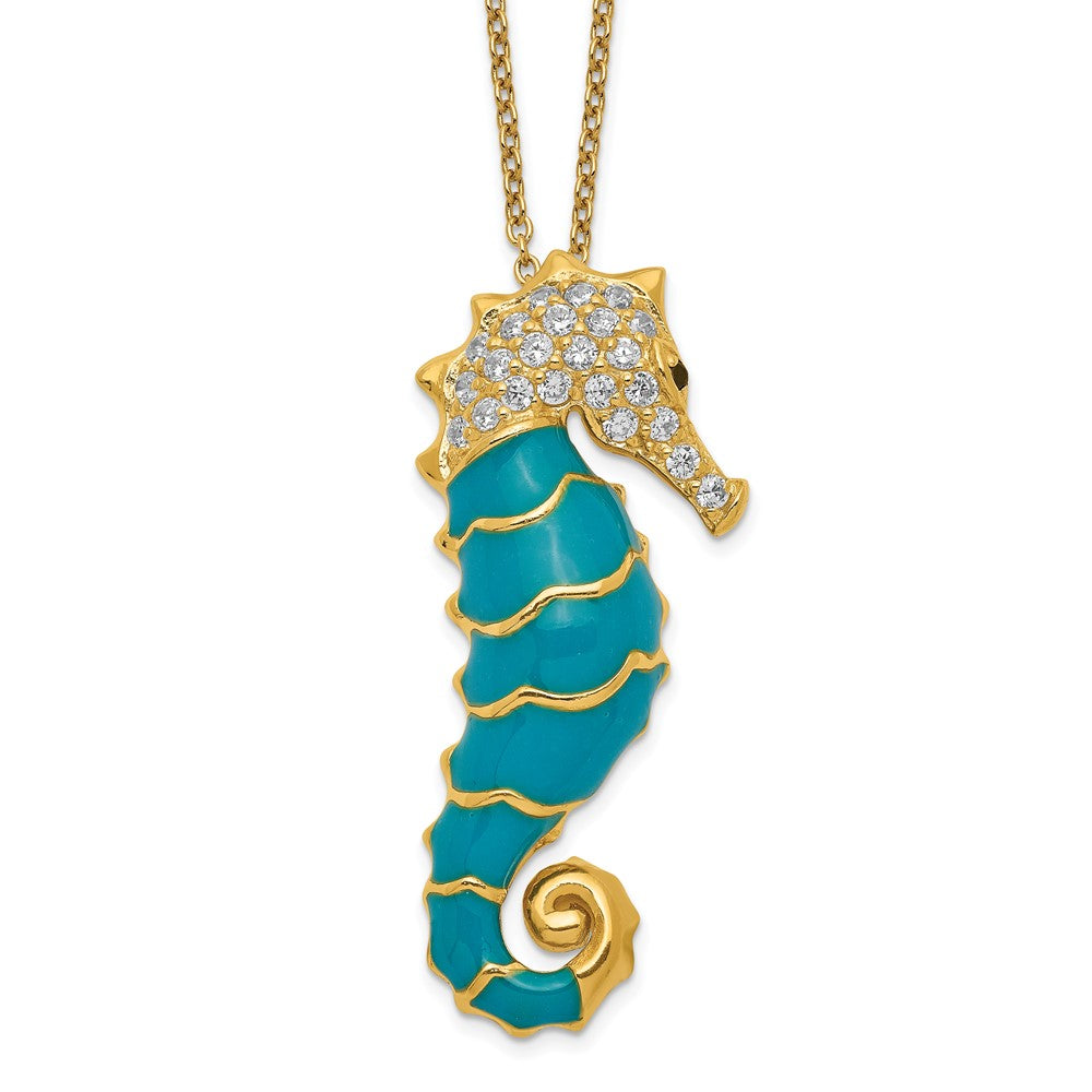 Cheryl M Sterling Silver Gold-plated Enameled Brilliant-cut Black and White CZ Seahorse 18 Inch Necklace 18 Inches
