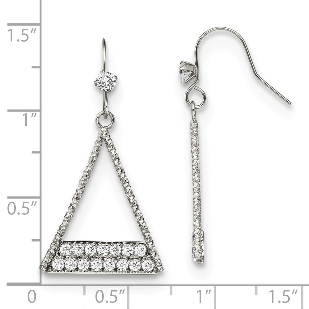 Stainless Steel Polished w/CZ Triangle Dangle Shepherd Hook Earrings