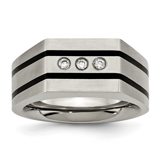 Titanium Brushed and Polished Black IP-plated CZ Signet Ring Size - 12