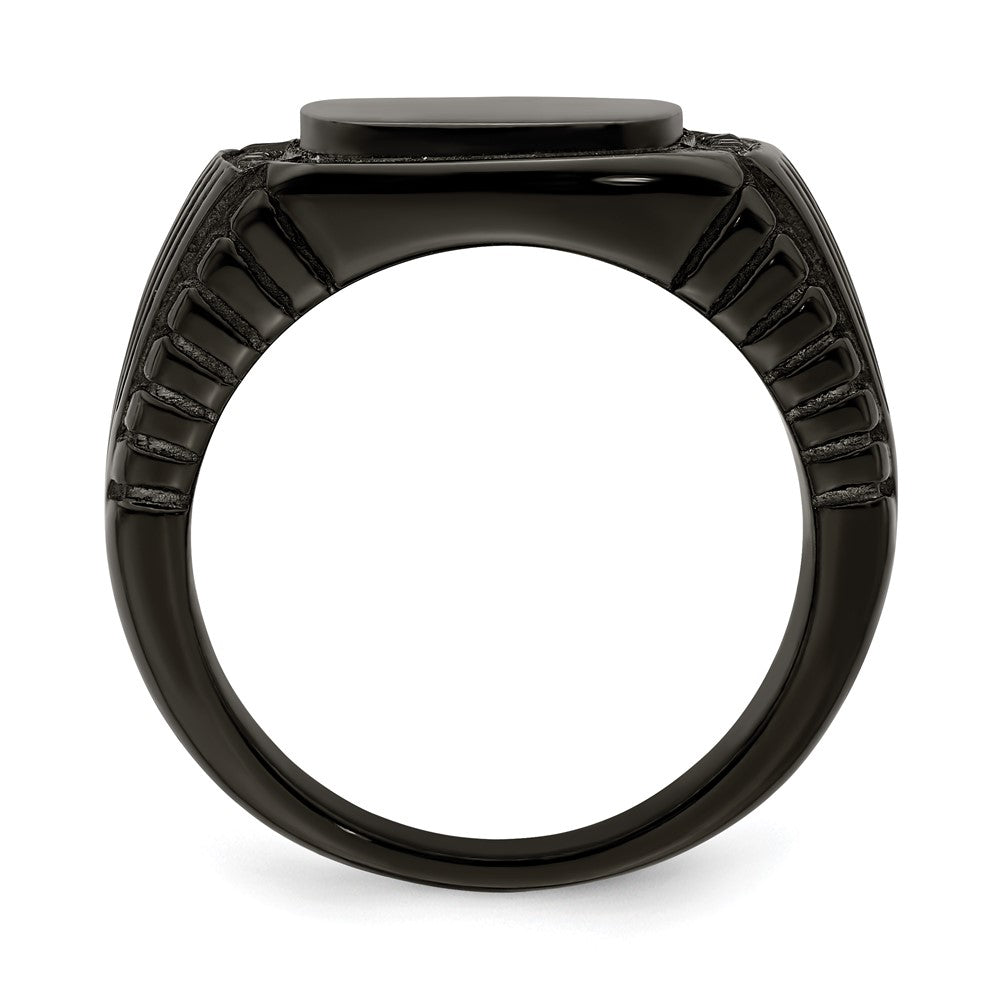 Stainless Steel Polished Black IP-plated with Black CZ Signet Ring Size - 12