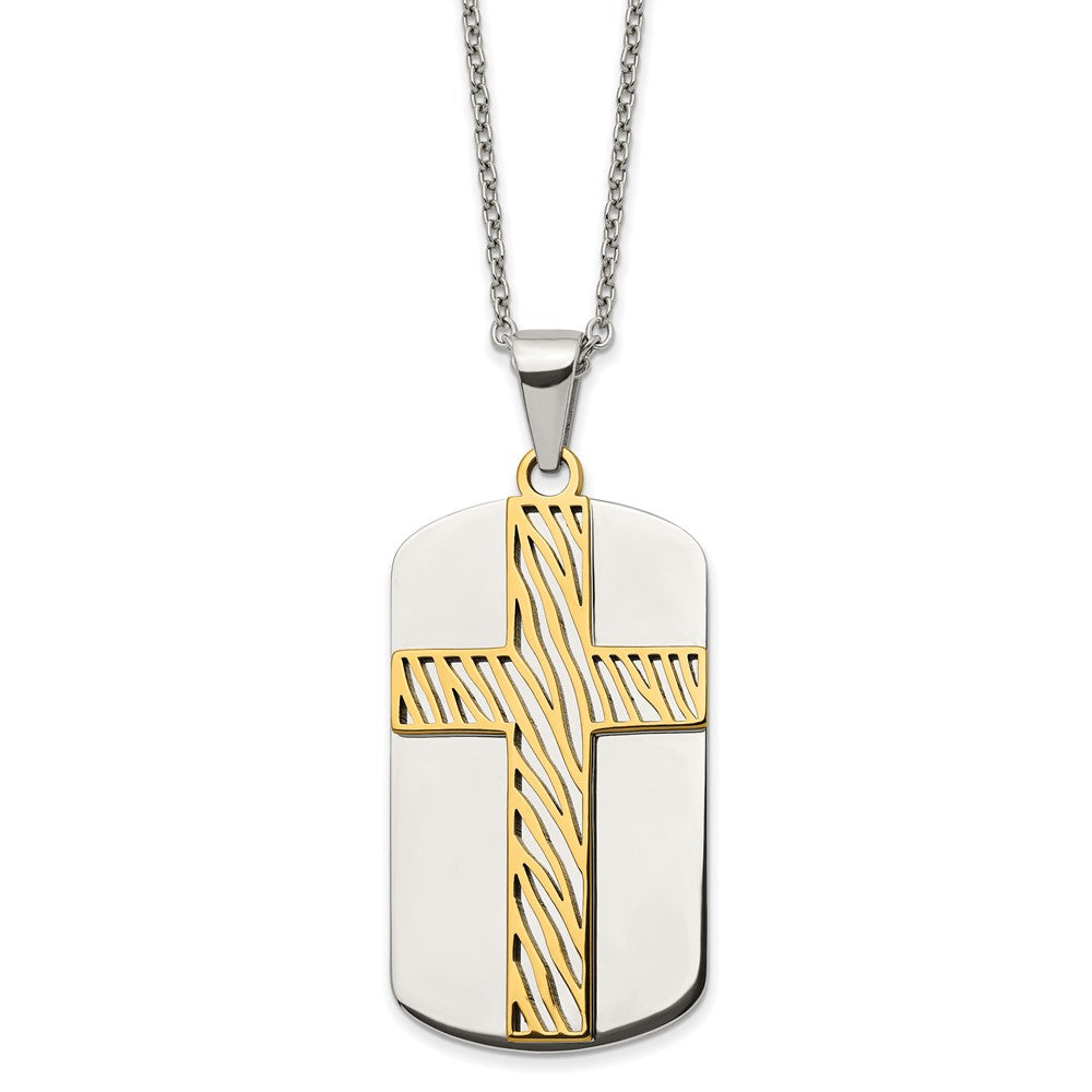 Stainless Steel Polished Yellow IP-plated Cross Dog Tag 24in Necklace