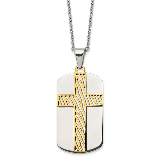 Stainless Steel Polished Yellow IP-plated Cross Dog Tag 24in Necklace
