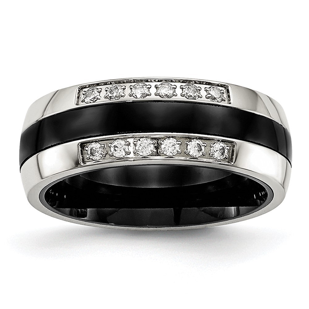 Stainless Steel Polished Black Ceramic CZ Ring Size - 5