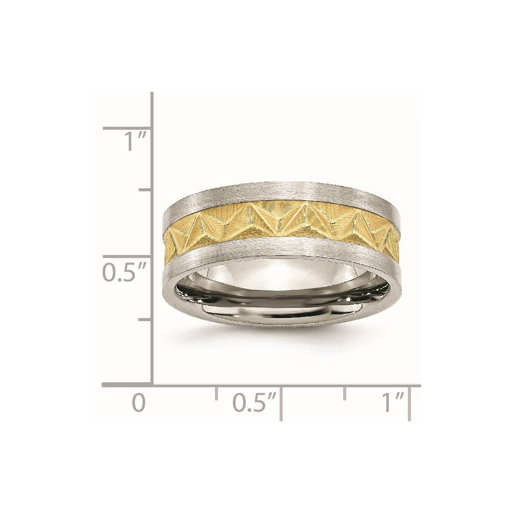 Stainless Steel Brushed Yellow IP-plated 8mm Grooved Band Size - 9