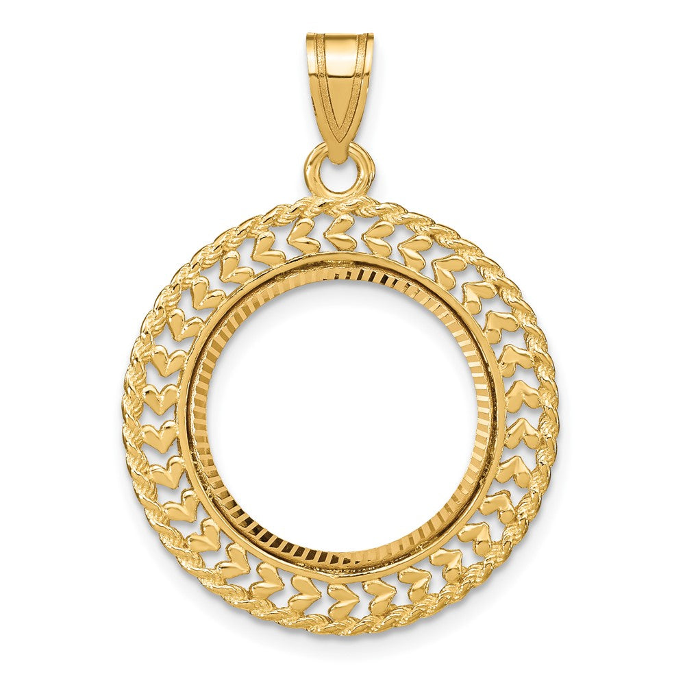 Wideband Distinguished Coin Jewelry 14k Polished and Diamond-cut Heart and Rope 16.5mm Prong Coin Bezel Pendant