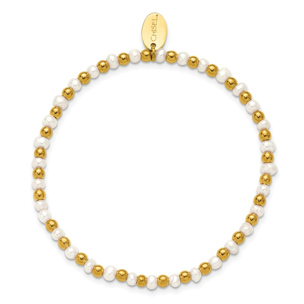 Chisel Stainless Steel Polished Yellow IP-plated 3mm White Freshwater Cultured Pearl Beaded 6.5 inch Stretch Bracelet 6.5 inches