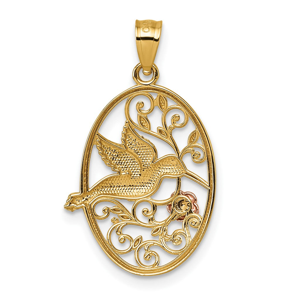 14k Two-tone with White Rhodium Polished Hummingbird and Flower Filigree Pendant