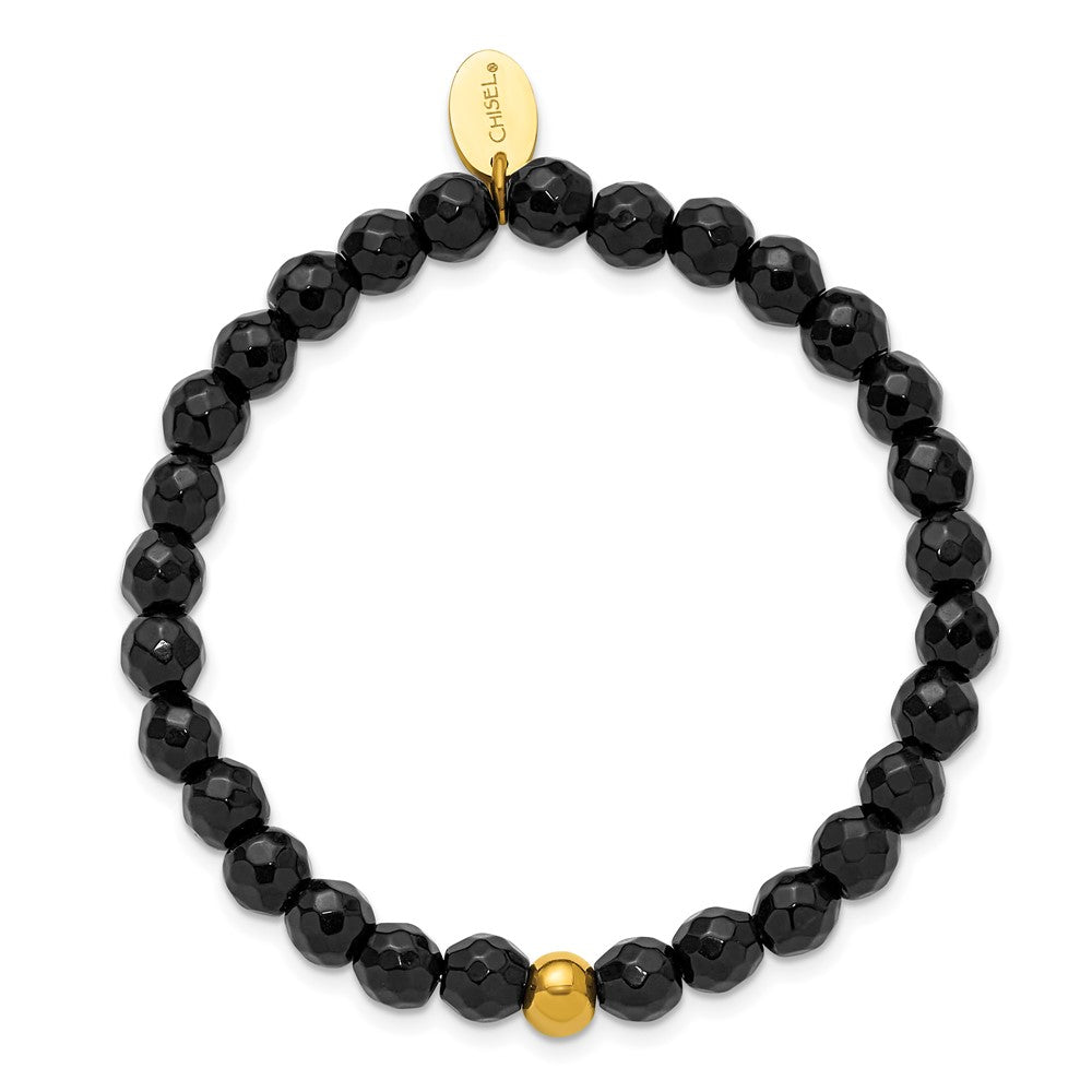 Chisel Stainless Steel Polished Yellow IP-plated 6mm Black Agate Beaded 6.25 inch Stretch Bracelet 6.25 inches