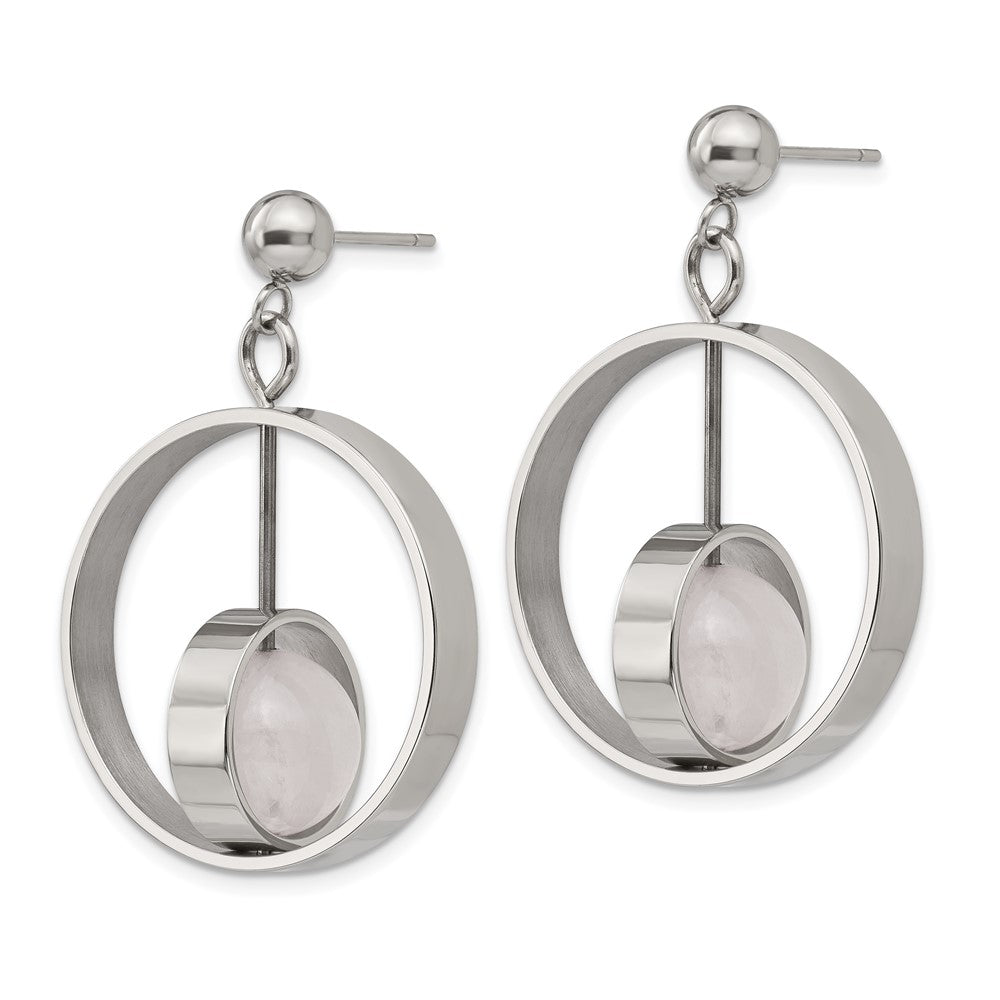 Stainless Steel Polished with Rose Quartz Moveable Post Dangle Earrings