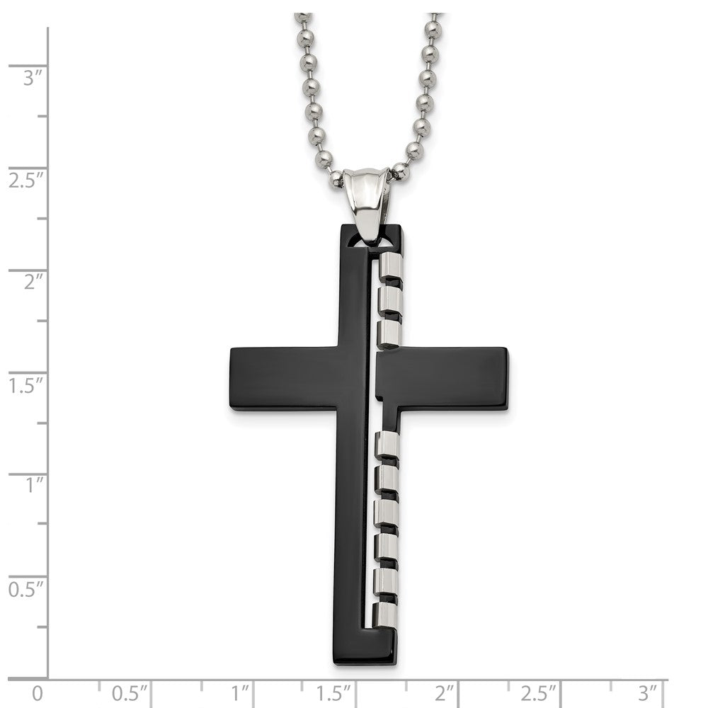 Stainless Steel Polished Black IP-plated Cut out Cross 22in Necklace
