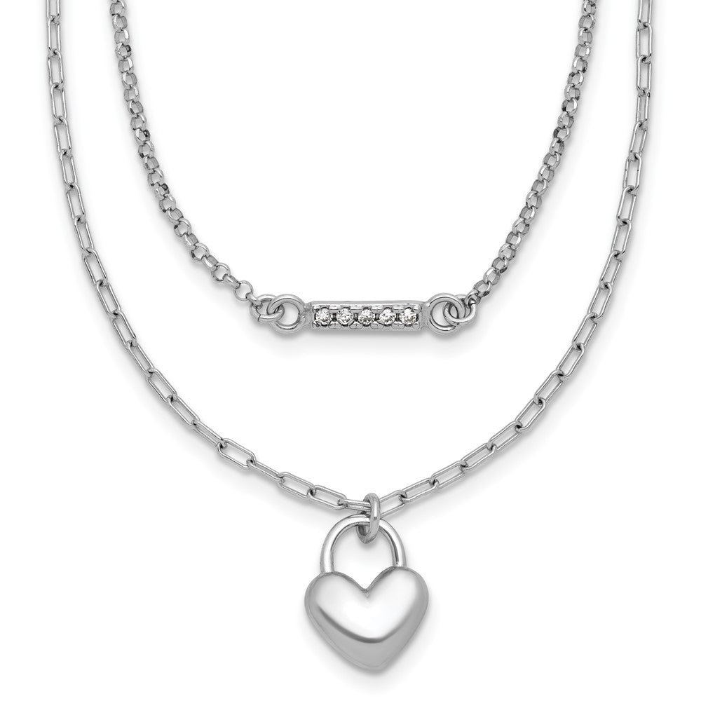 Sterling Silver Rhodium-plated CZ Puffed Heart 16 inch with 2 inch extender 2-strand Necklace 16 Inches