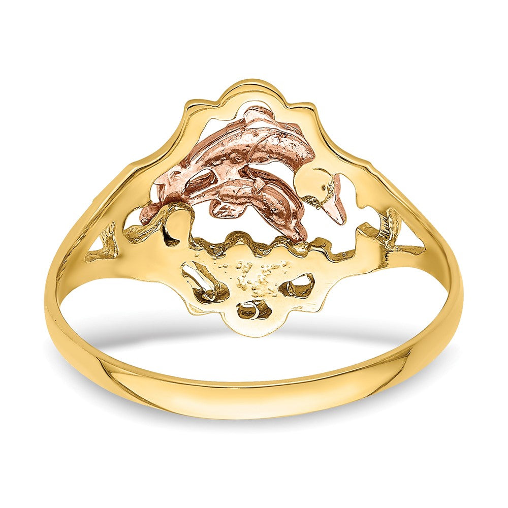 14K Yellow and Rose Gold W/Rhodium Double Dolphin Ring Size 6