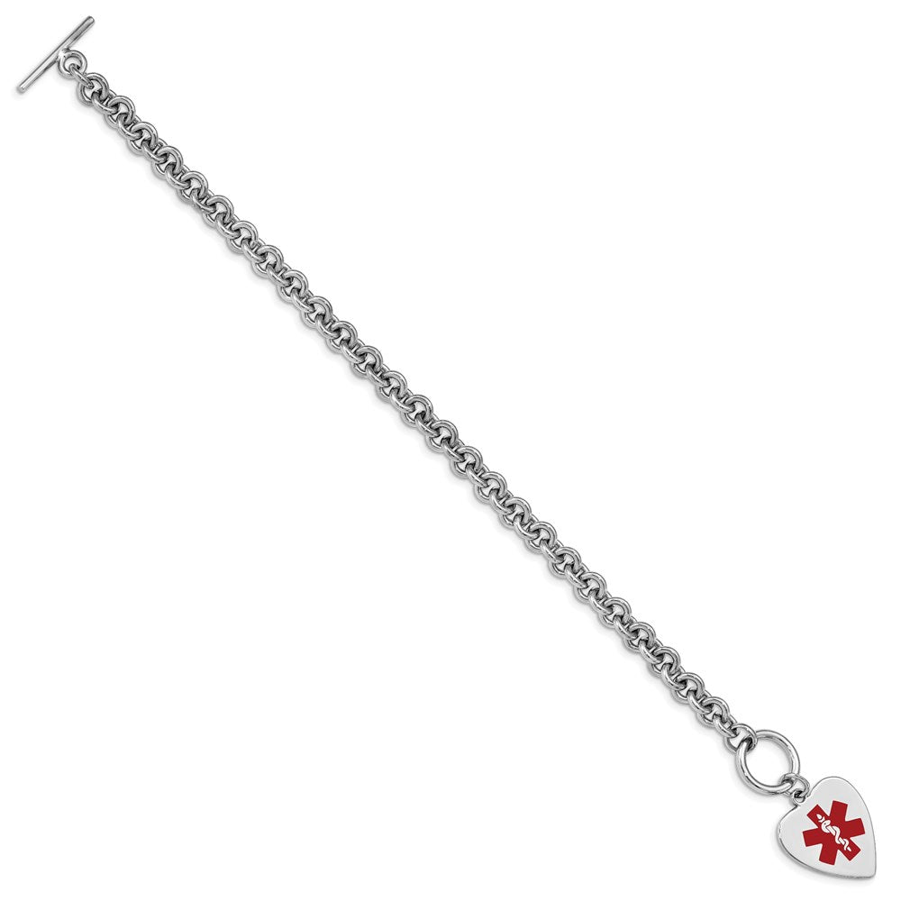Sterling Silver RH-pltd Engraveable Enamel Heart Medical ID Bracelet 8.75 inches