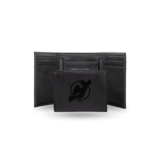 Hockey Rico Industries New Jersey Devils Black Laser Engraved Trifold Laser Engraved Tri-Fold Wallet - Men's Accessory