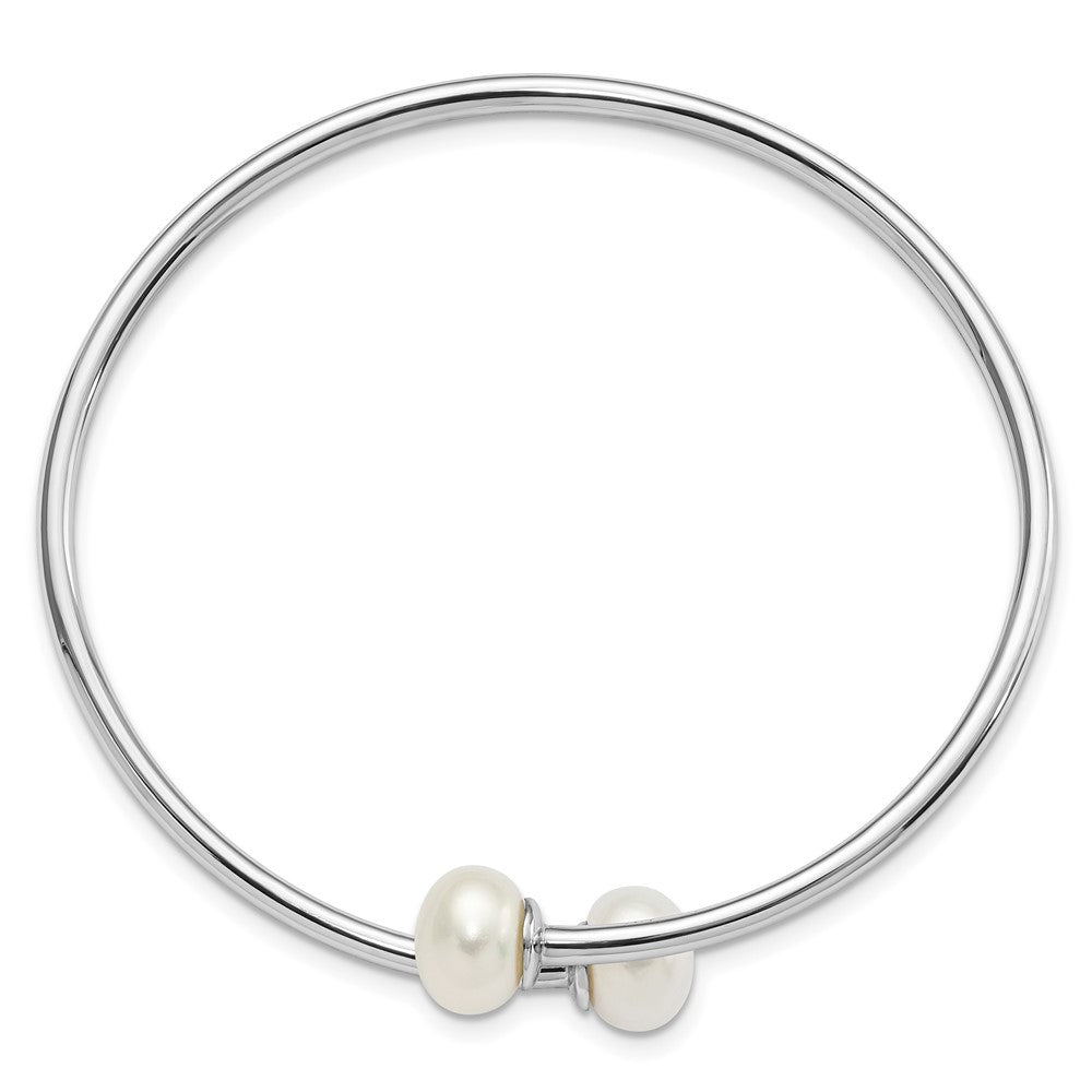 Sterling Silver Rhodium-plated 9-10mm White Freshwater Cultured Pearl Flexible Cuff Bangle 7 inches