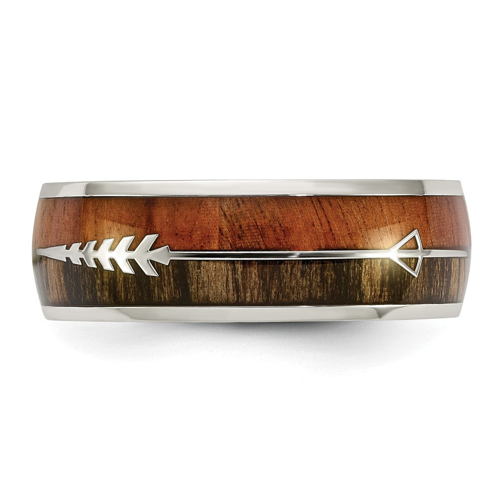 Stainless Steel Polished with Wood Inlay Arrow 8mm Band Size - 8