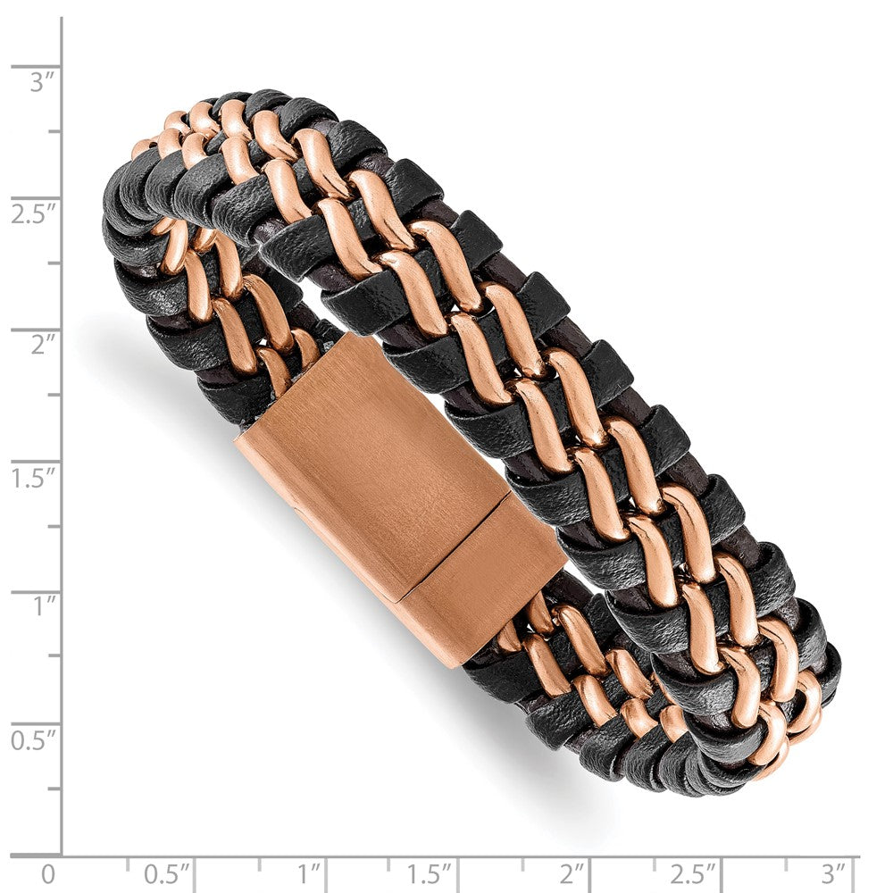 Stainless Steel Brushed Rose IP-plated Brown Leather 8.5in Bracelet 8.5 inches