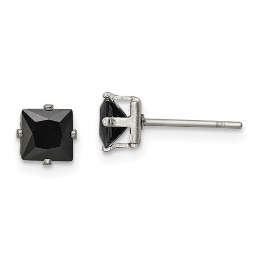 Stainless Steel Polished 5mm Black Square CZ Stud Post Earrings