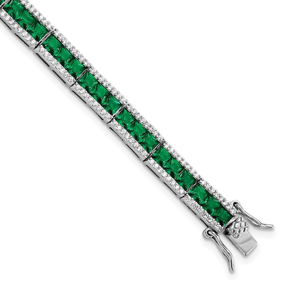 Cheryl M Sterling Silver Rhodium-plated Princess-cut Green Nano Crystal and Brilliant-cut White CZ 7.25 Inch Bracelet 7.25 inches