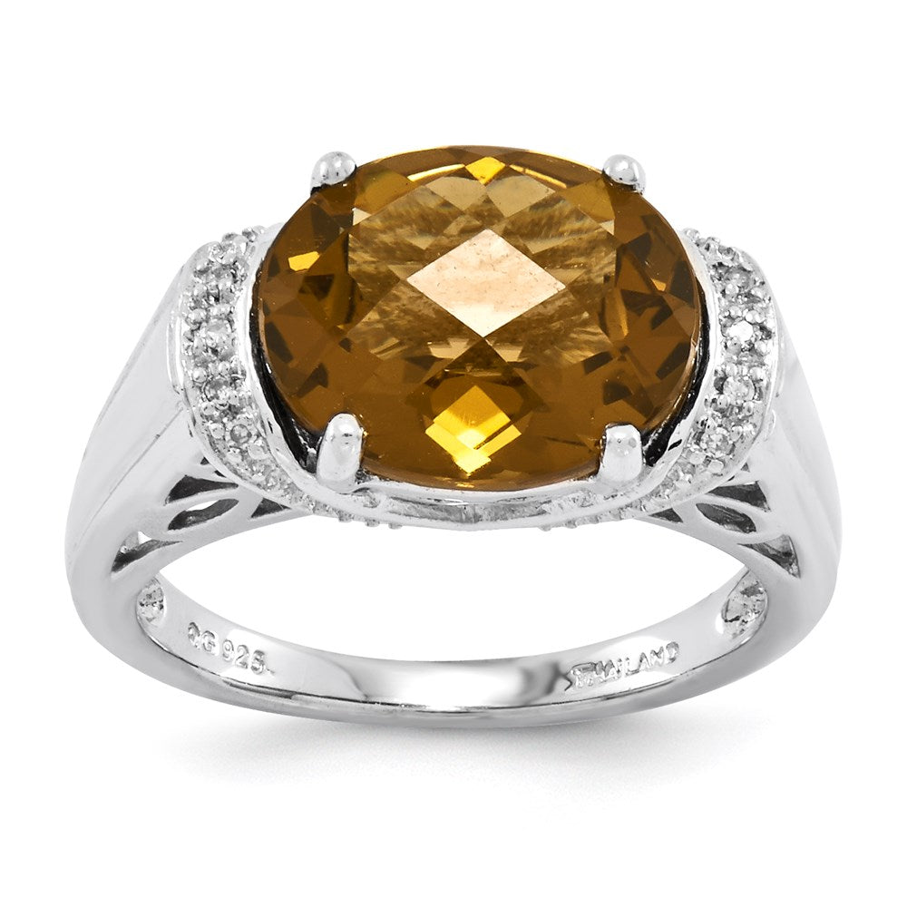 Sterling Silver Rhodium-plated Oval Checker-Cut Whiskey Quartz Ring