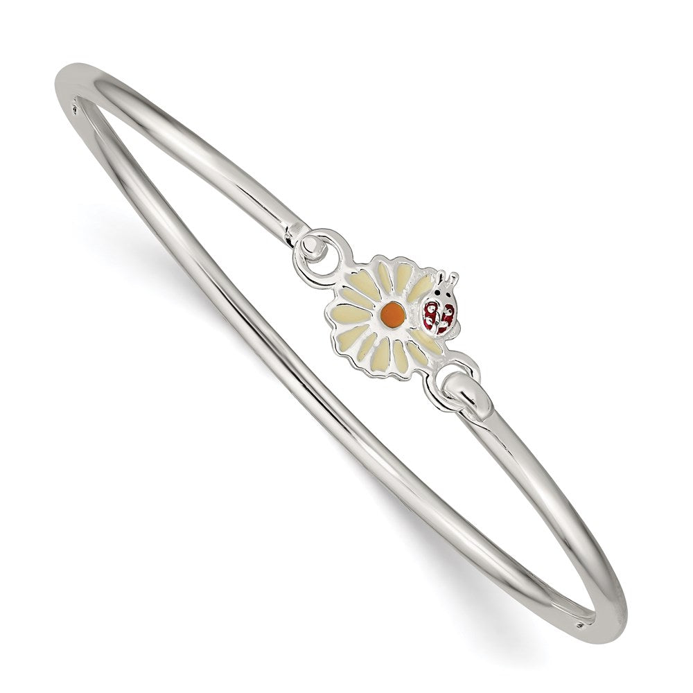 Sterling Silver Enameled Flower & Ladybug Children's Bangle Bracelet 5.5 inches