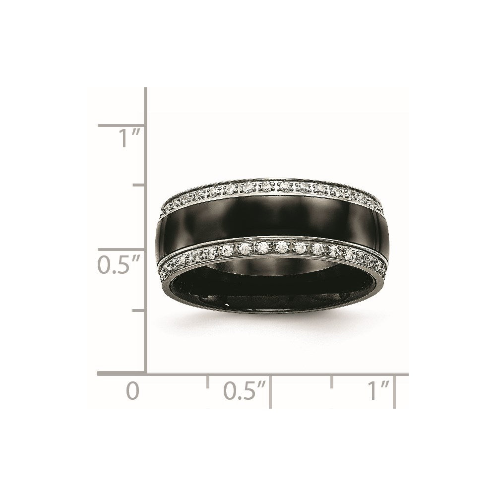 Stainless Steel Polished Black Ceramic CZ Ring Size - 11