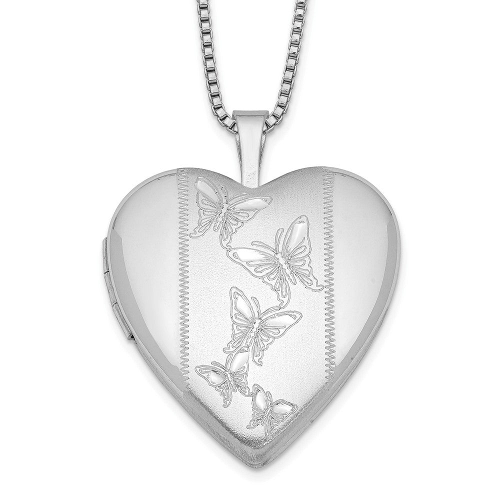 Sterling Silver Rhodium-plated 20mm Butterflies Heart Locket Necklace 18 Inches