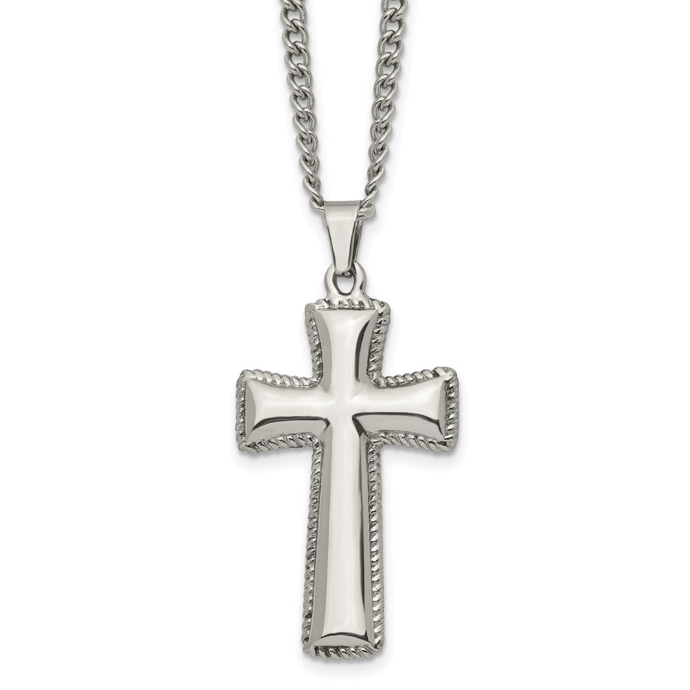 Stainless Steel Polished Pillow Cross 24in Necklace