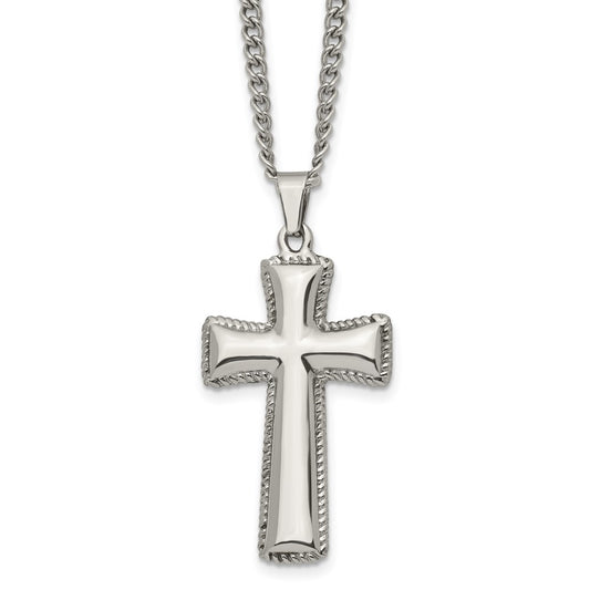 Stainless Steel Polished Pillow Cross 24in Necklace