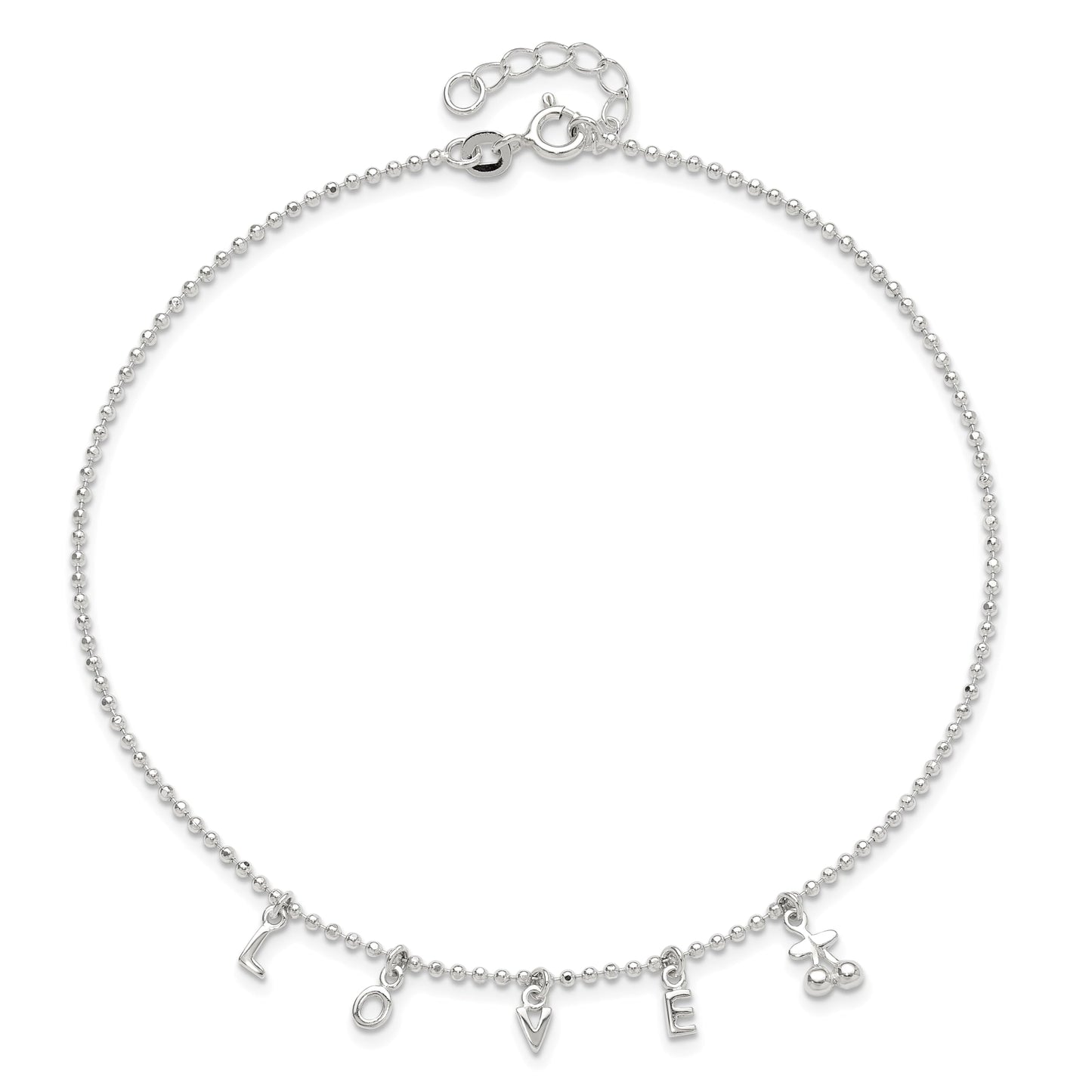 Sterling Silver LOVE 10 in Plus1 in Ext. Anklet 10 inches