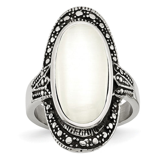 Stainless Steel Antiqued & White Cat's Eye Size 8 Ring
