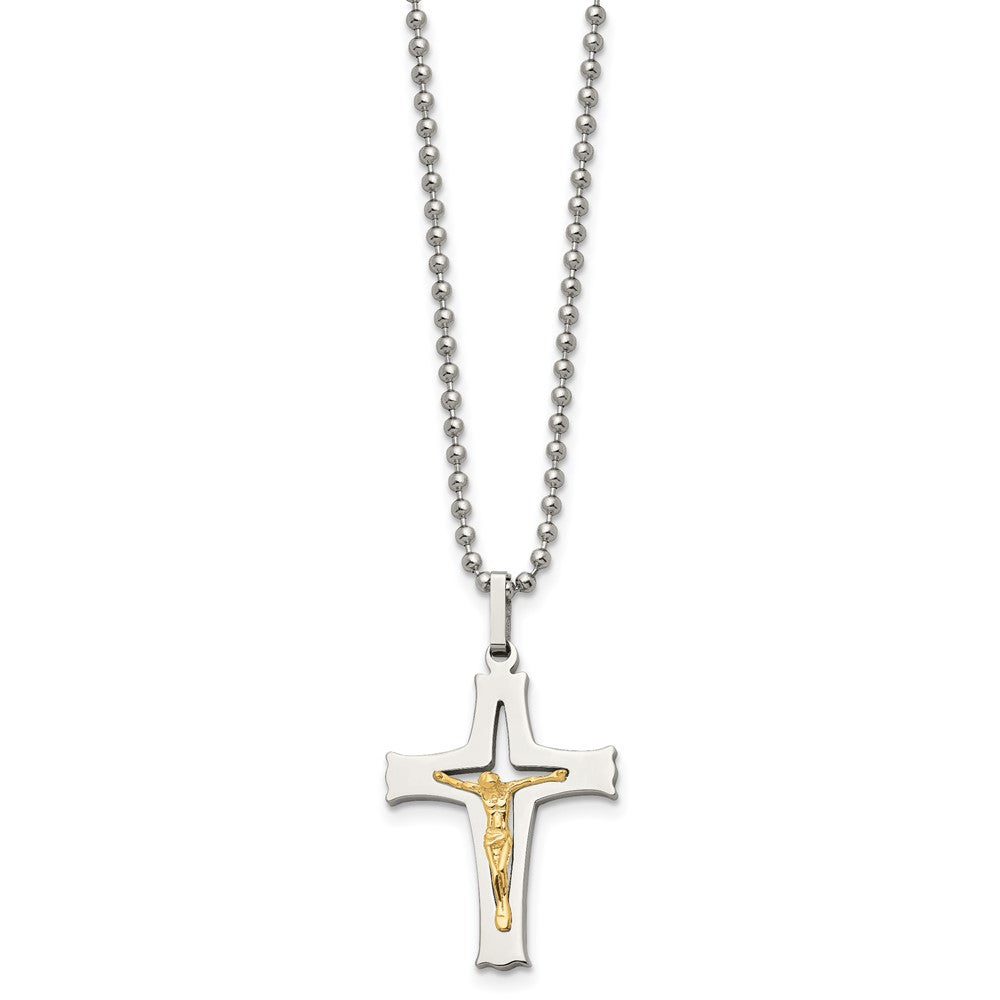 Stainless Steel Polished w/14k Gold Accent Crucifix 22in Necklace