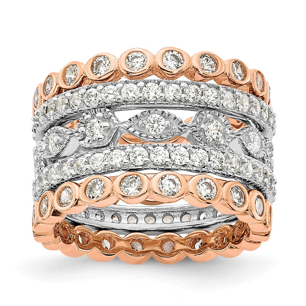 Cheryl M Sterling Silver Rhodium-plated and Rose Gold-plated Brilliant-cut CZ 5 Piece Eternity Band Ring Set