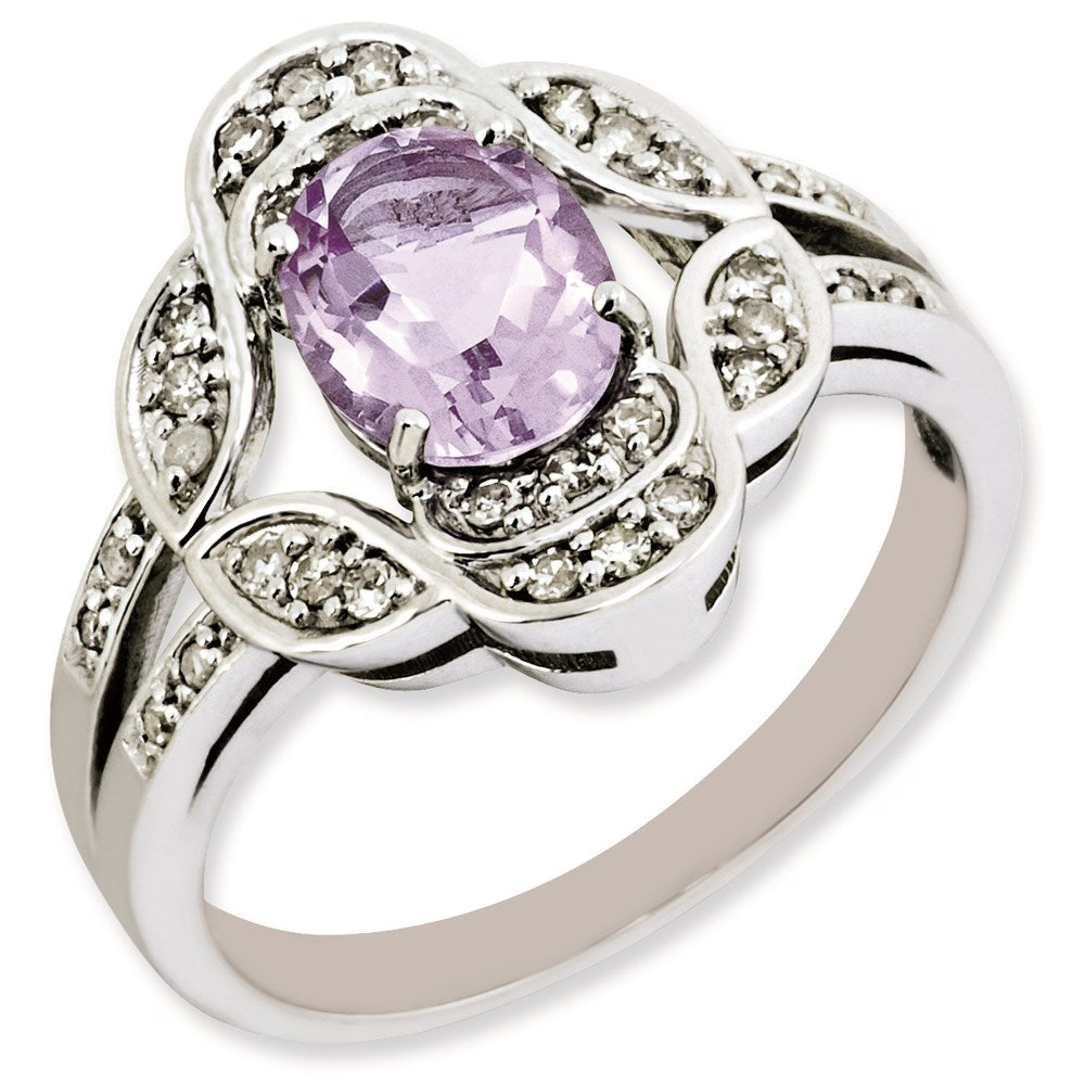 Sterling Silver Rhodium-plated Oval Diamond & Pink Quartz Ring
