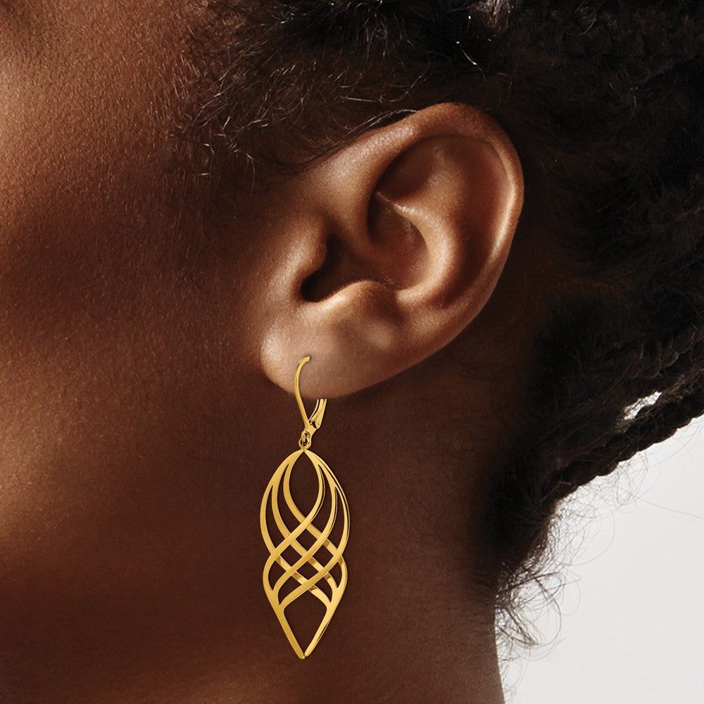 Stainless Steel Polished Yellow IP-plated Twisted Dangle Leverback Earrings