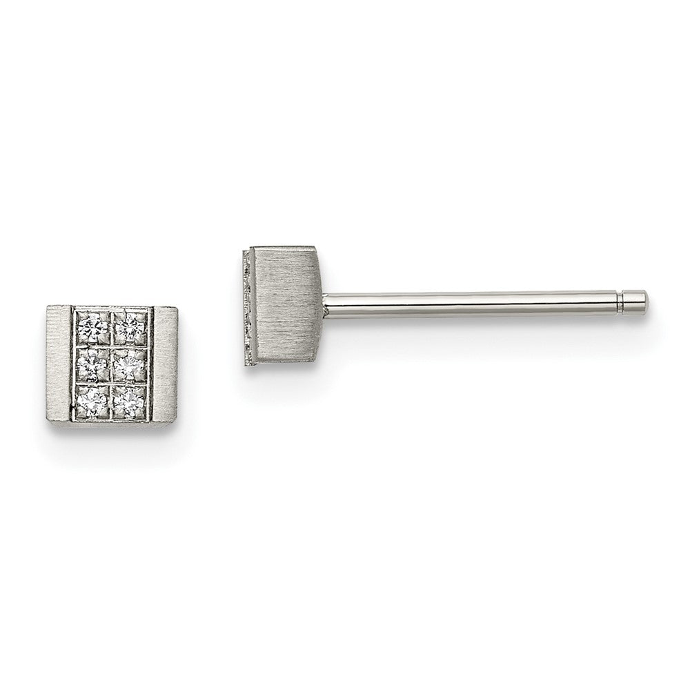 Stainless Steel Brushed w/CZ Square Post Earrings