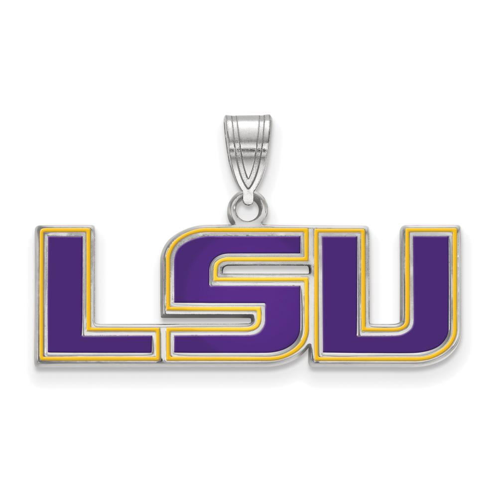 Sterling Silver Rhodium-plated LogoArt Louisiana State University L-S-U Medium Enameled Pendant QSS087LSU